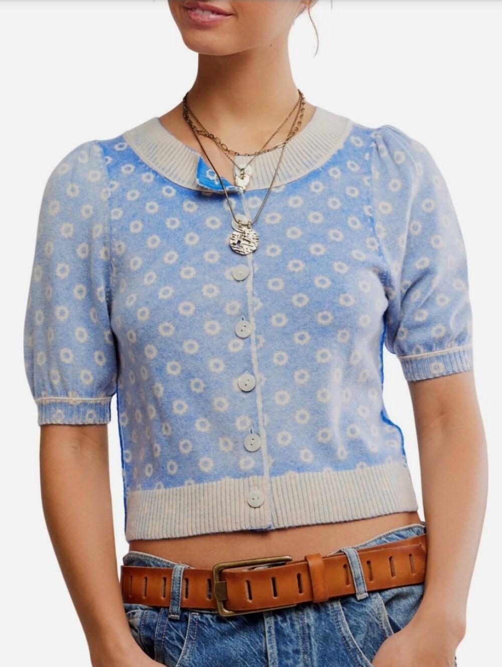 Free People Isla Puff Sleeve Crop Button Cardi Sweater Wool Cashmere Blend NEW